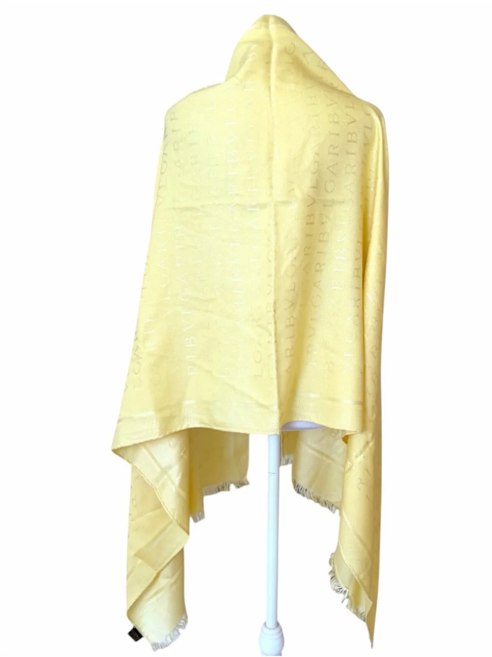 BVLGARI Logomania Silk Wool Maxi Stole Scarf Pale Yellow Buttercream Italy 71x28